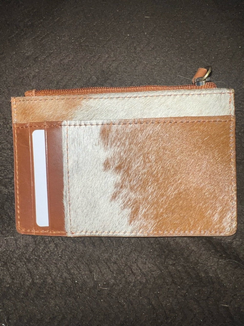 Myra Bag Two-Tone Tan and White Cowhide Zip Card Holder